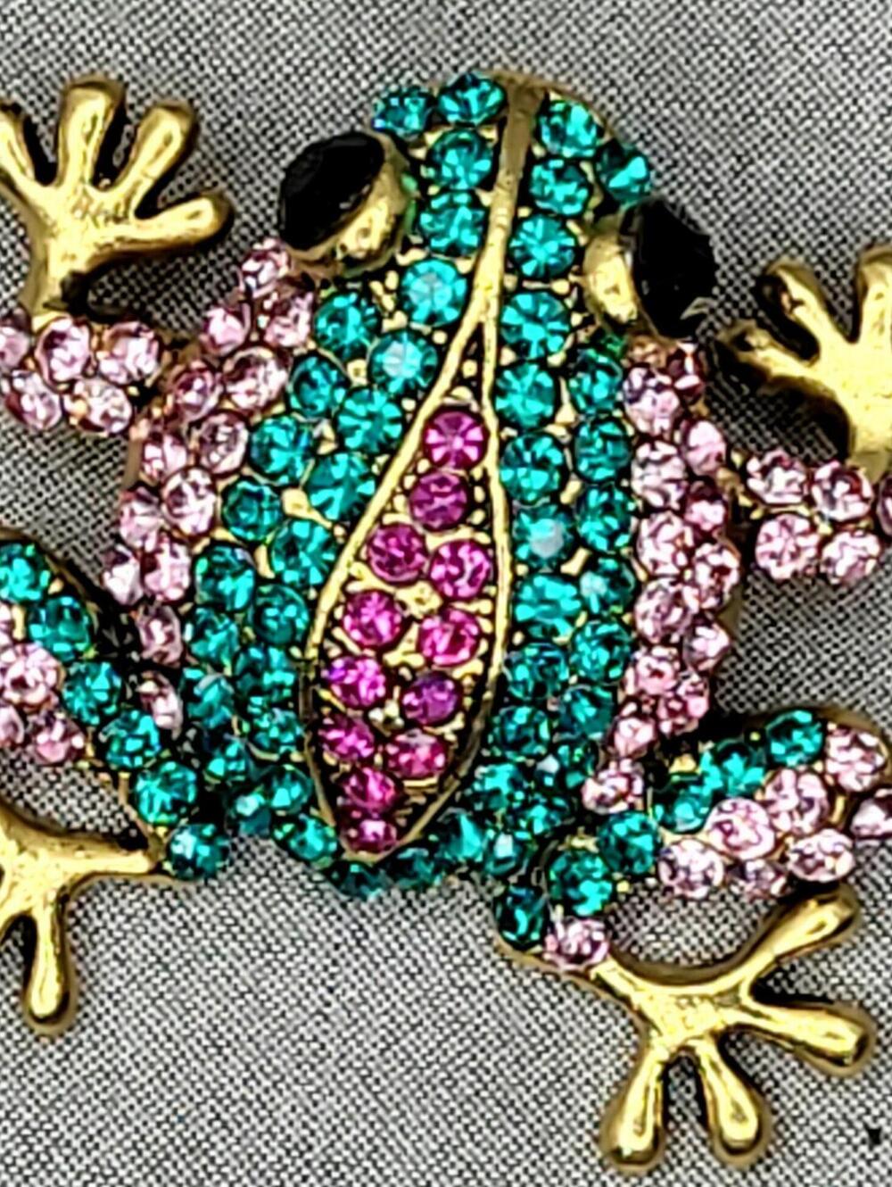 Rhinestone Frog Brooch in Pink Teal Vintage Style